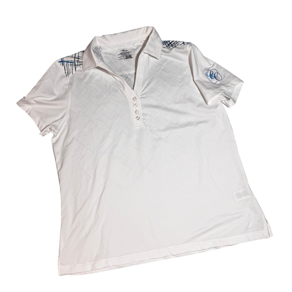 Page & Tuttle Cool Swing Womens Golf Polo White Blue Graphic Short Sleeve Large